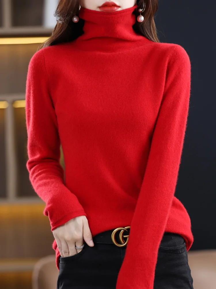 Fashion Basic Femme Kintted 100% Merino Wool Turtleneck Basic  Women Sweater Femme Clothing Cashmere Long Sleeve Tops