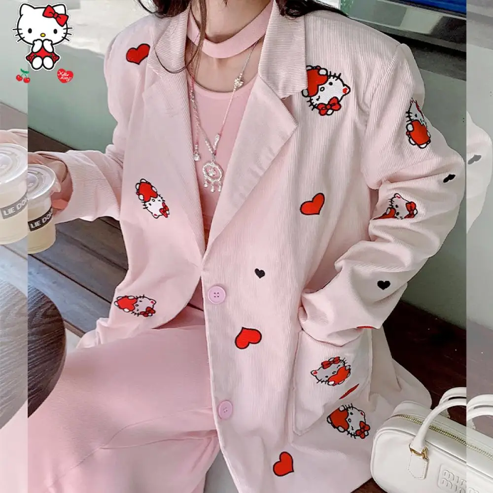 

Hello Kitty Blazer Coat Y2K Women Sanrioed Anime Kawaii Kt Cartoon Spring Winter Cotton Tops Loose Sweet Fashion Design Upscale