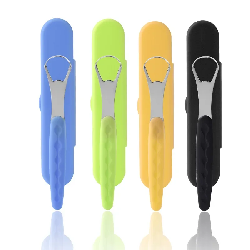 Portable Tongue Cleaner Tongue Scraper Reusable Stainless Steel Oral Mouth Brush travel case Black/Blue/Green Non-slip handle