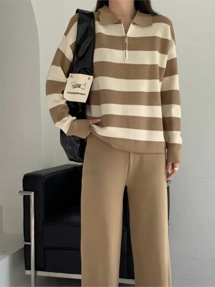 

Knitted Autumn 2 Two Piece Set Women Striped Print Fashion Korean Style Ladies Sweaters Wide Leg Loose Casual Woman Pant