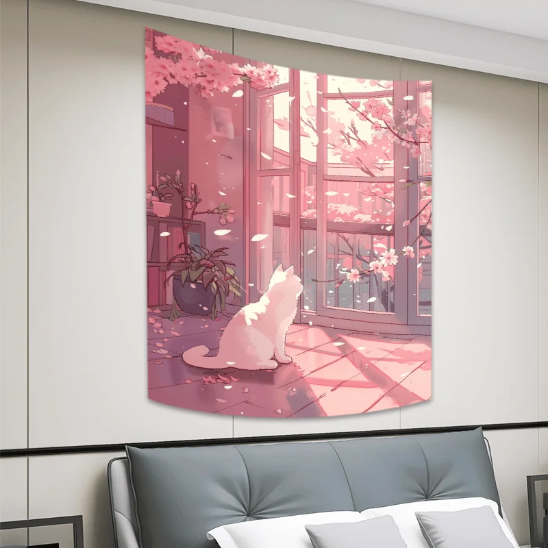 VIKAMA Romantic Cherry Blossom Scene Wall Hanging Bedroom, Office, Dormitory, Party Decor Tapestry, Home Decor