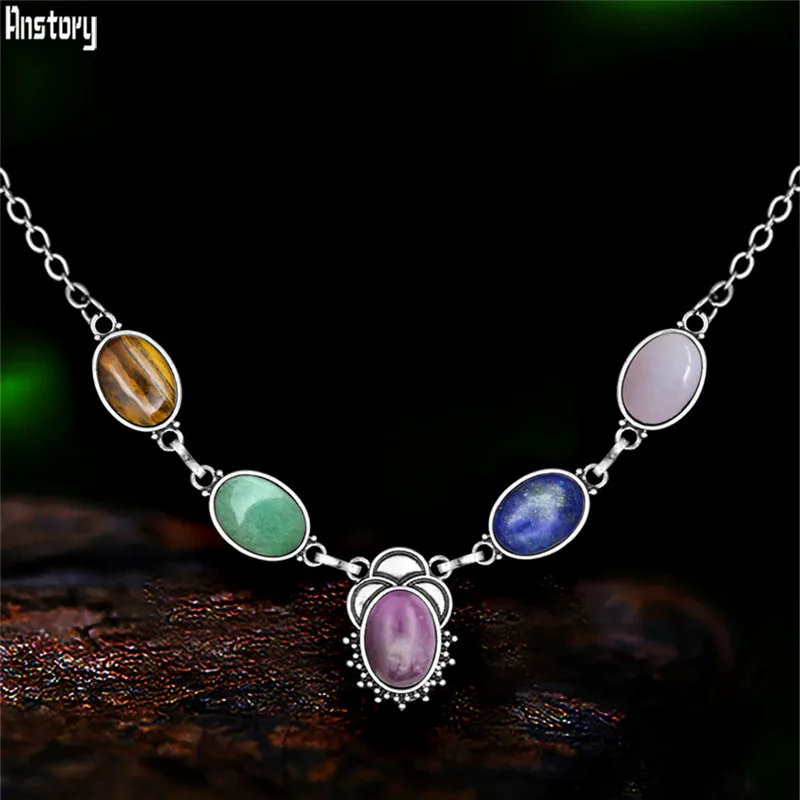 

Vintage Natural Stone Necklace For Women Antique Silver Plated Flower Pendant Tiger Eye Quartz Lapis Fashion Jewelry