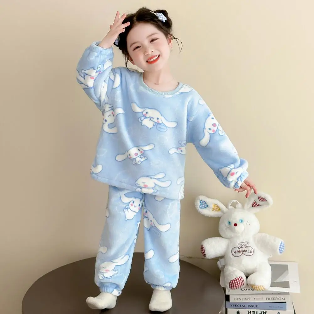 

Sanrio Cinnamoroll Girls Coral Fleece Pajamas Kawaii Autumn and Winter Thickened Children's Flannel Suit Girl Baby Home Clothes