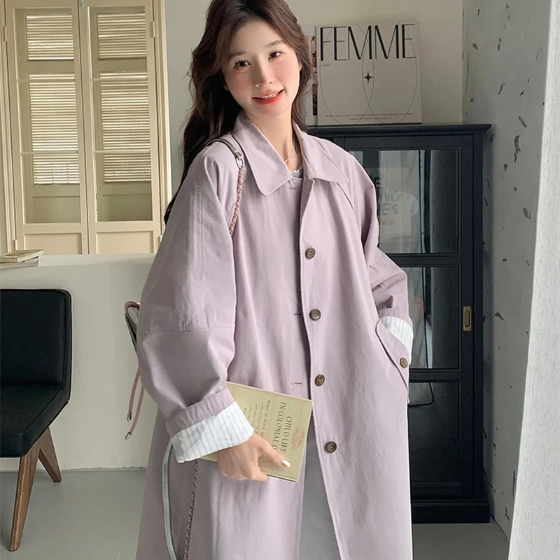 

Light Purple Art Retro Mid Length Lapel Casual Windbreaker 2025 Spring New Casual Simple And Fashionable Multifunctional Jacket