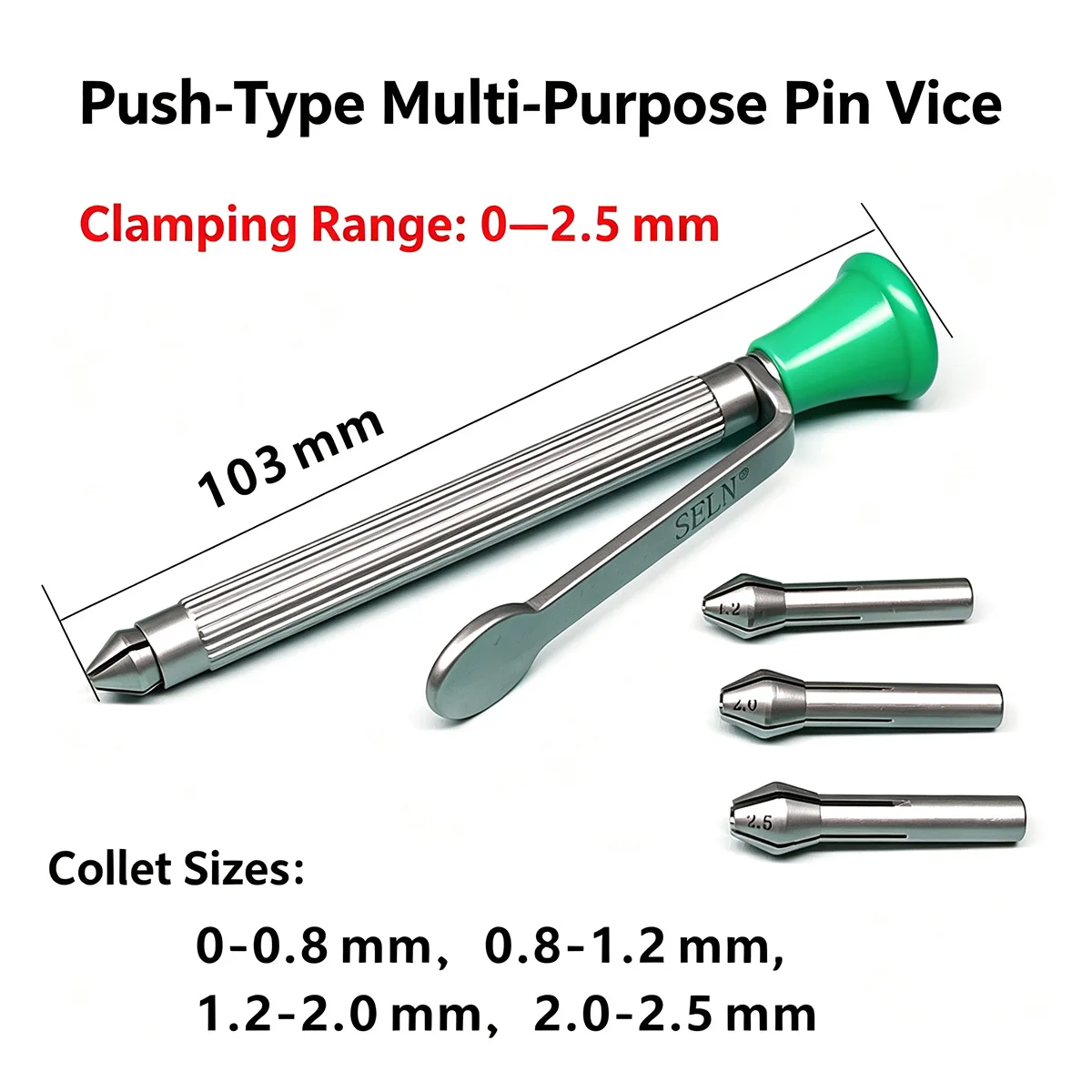 Push‑Type Multi‑Purpose Pin Vice, Professional Watch Repair Tool with Four Interchangeable Collets, 0‑2.5mm Clamping Range