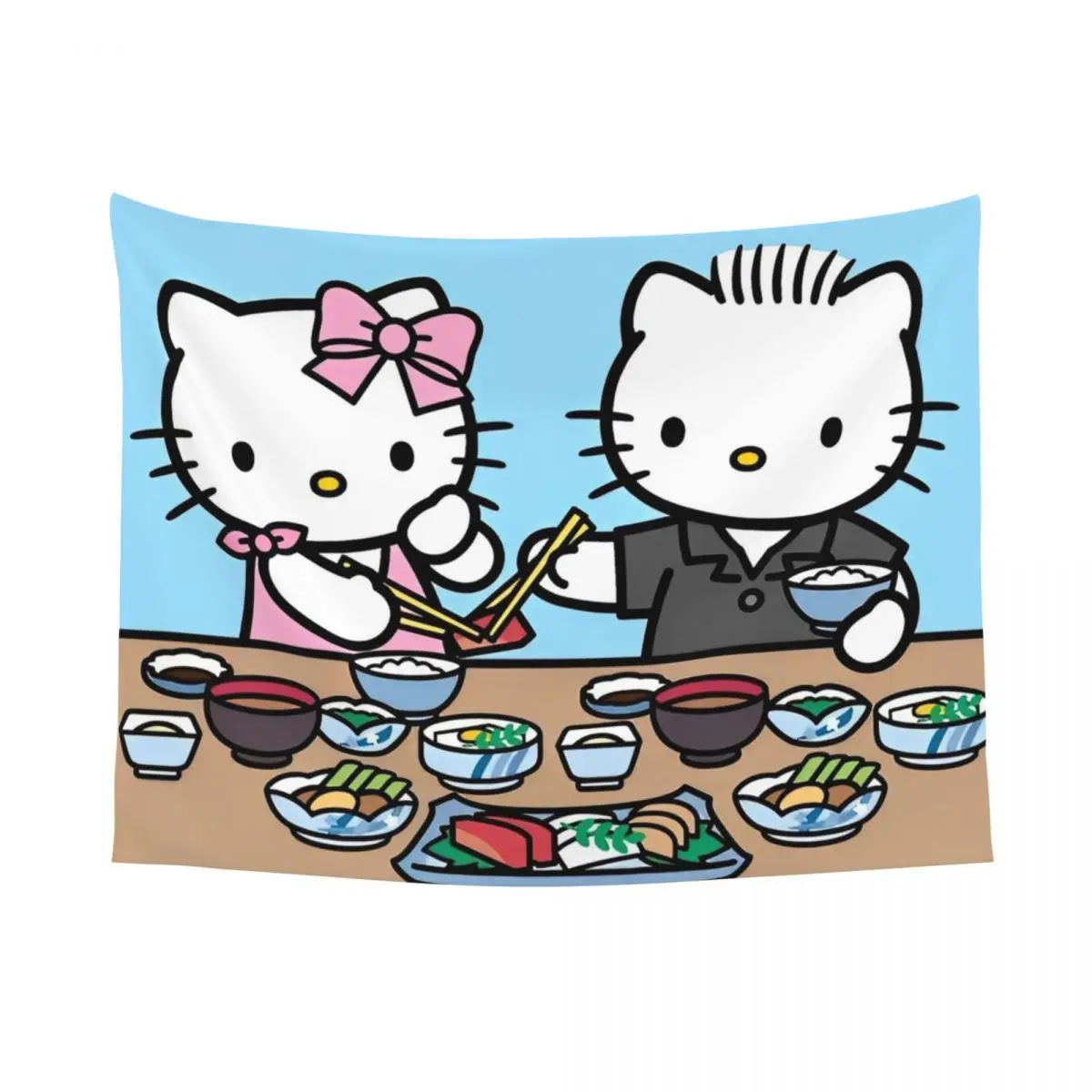 Hello Kitty And Father Eating Tapestry Wall Hanging Hippie Polyester Tapestries INS Decoration Wall Decor Wall Cloth