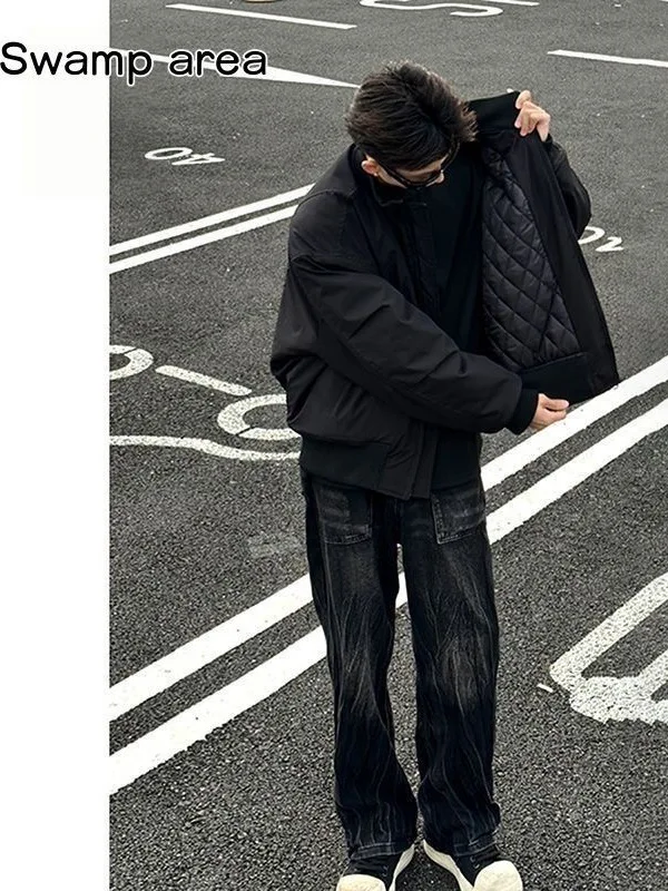 

Men's Cotton Padded ort Baseball Jaet Two-Piece Set Thi Warm American Sle Autumn Winter Workwear Casual Loose Fit