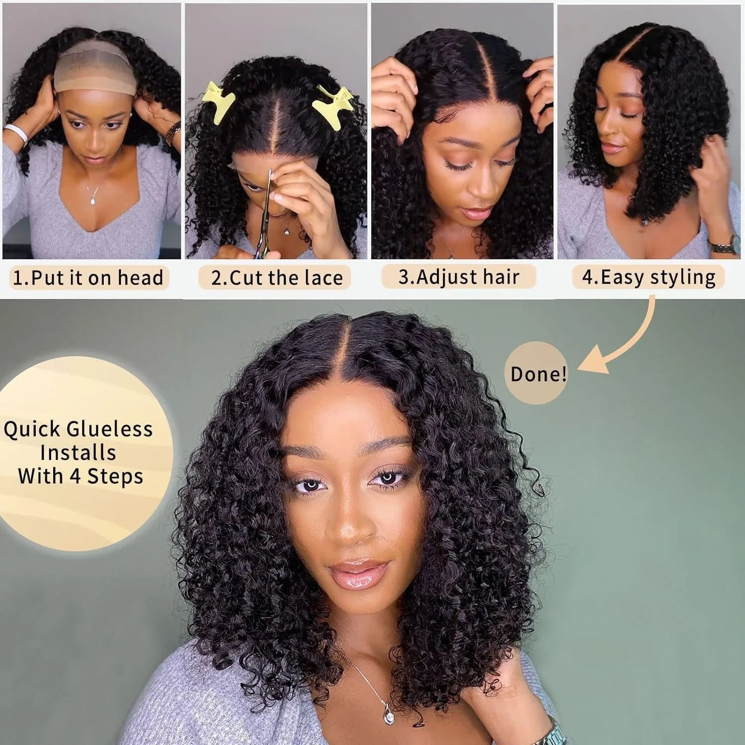 Kinky Curly Bob Lace Front Wig 13x4HD Lace Wig Pre-pull Baby Hair Heat Resistant Synthetic Wig Black
