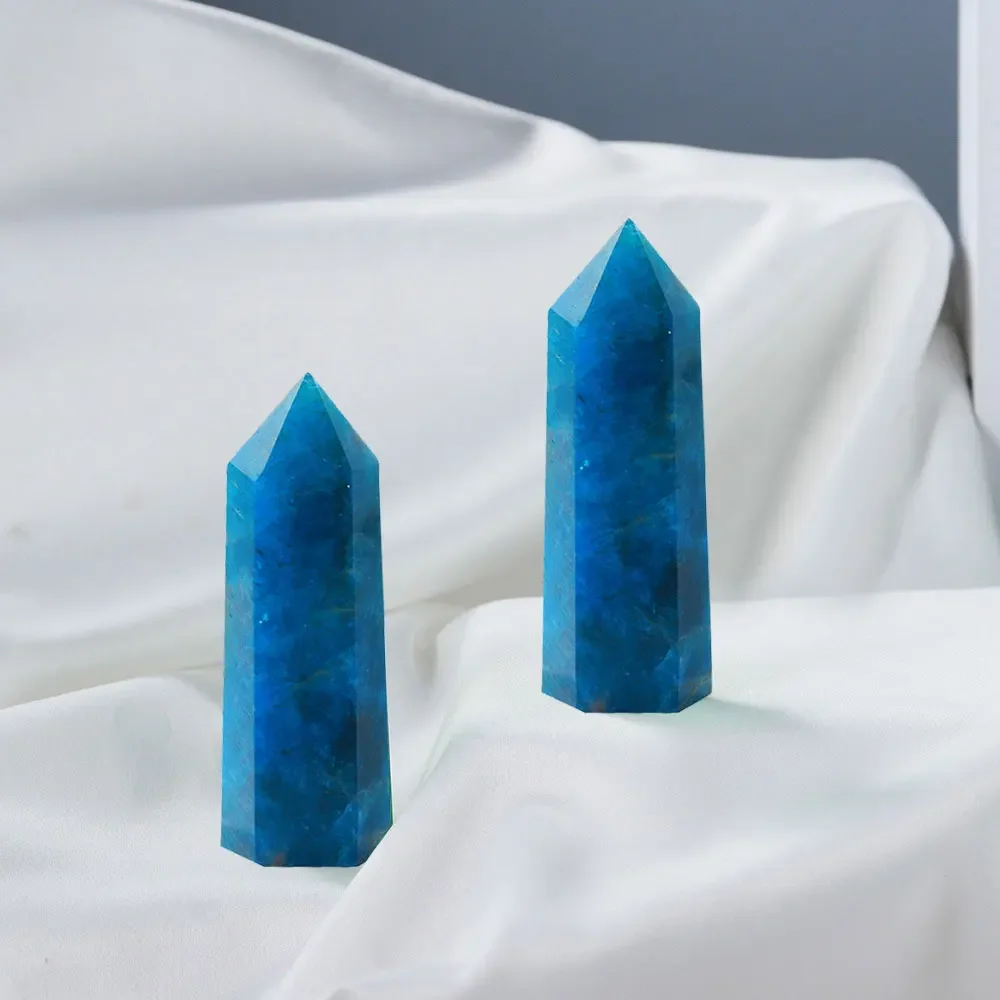 1Pc Natural Healing Crystal Blue Apatite Single Point Wand Reiki Polished Gemstone Hexagonal Obelisk Column Home Desk Decoration