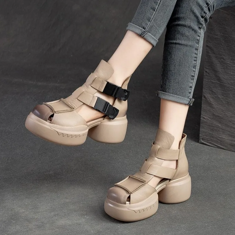 GKTINOO 2024 New Summer Black Women Genuine Leather Sandals Cool Boots Platform Shoes Wedges Sandals Women Shoes Outdoor Sandals