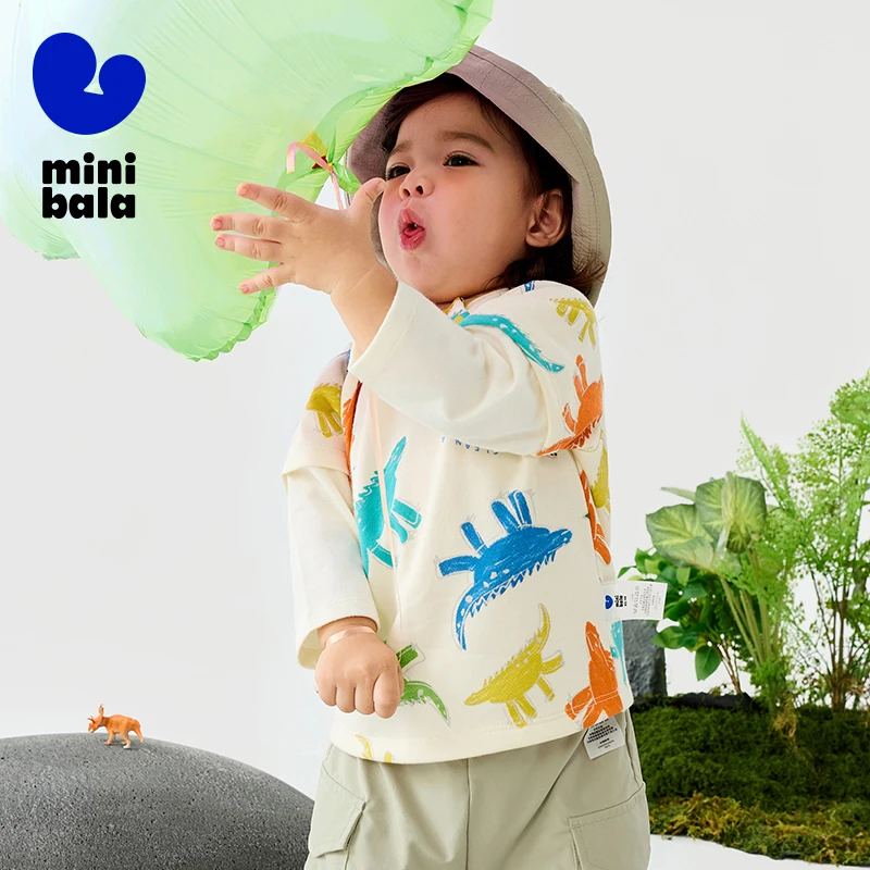 Mini Bala Boys' T-shirt 2025 Spring Color-blocking Fake Two-piece Long-sleeve Baby Top