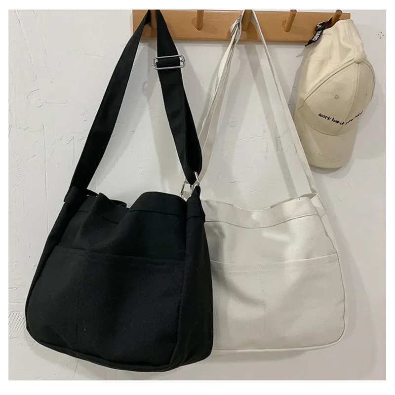 Large Capacity Students Canvas Shoulder Bags Female Handbags Korean Satchel Cotton Cloth Crossbody Bag Women 2023 School Bag