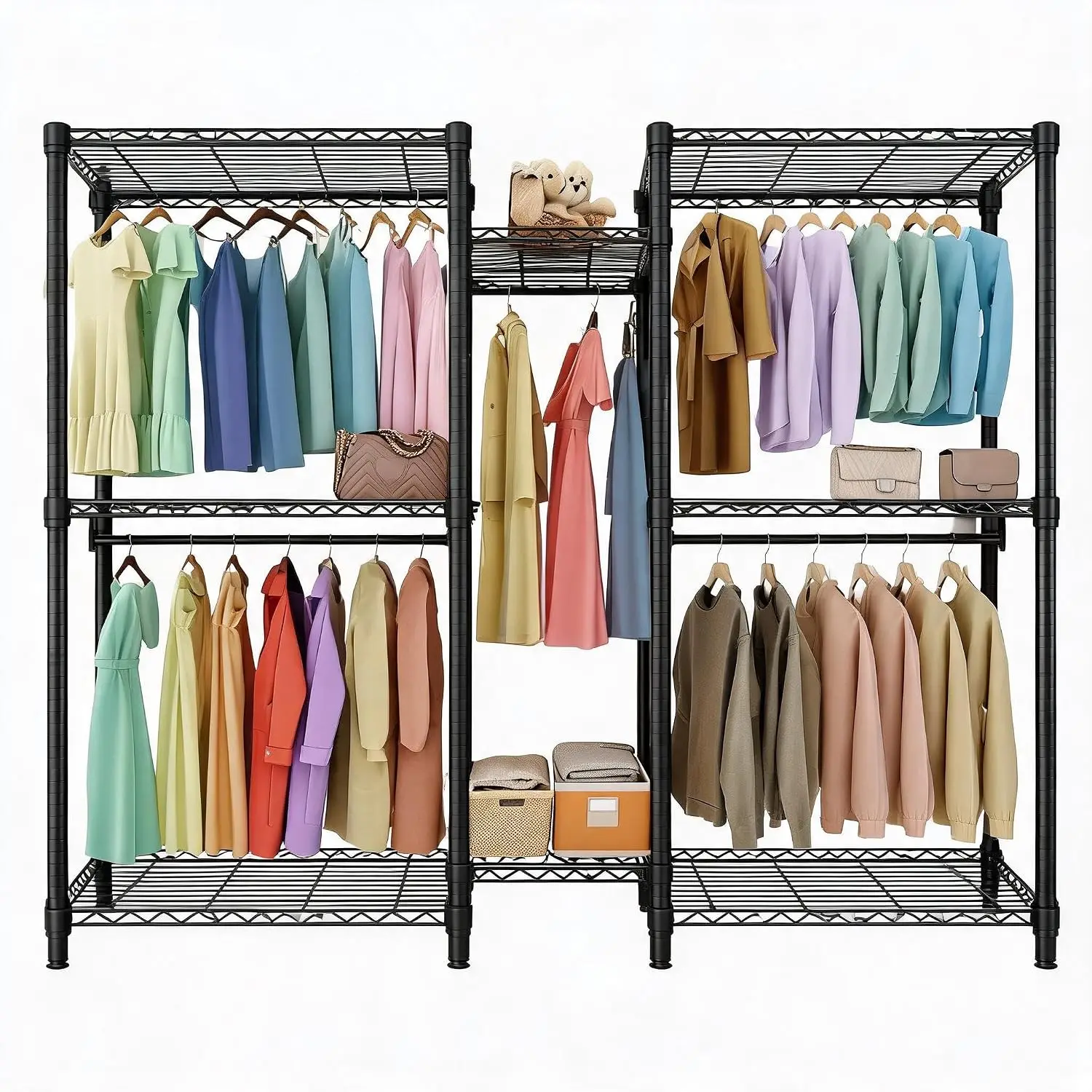 3 Combination Black Metal Garment Rack Multi Tier Wire Shelves | Anti-rust finish for stable support,3 connected modular units support flexible layout combination,Expand clothing capacity