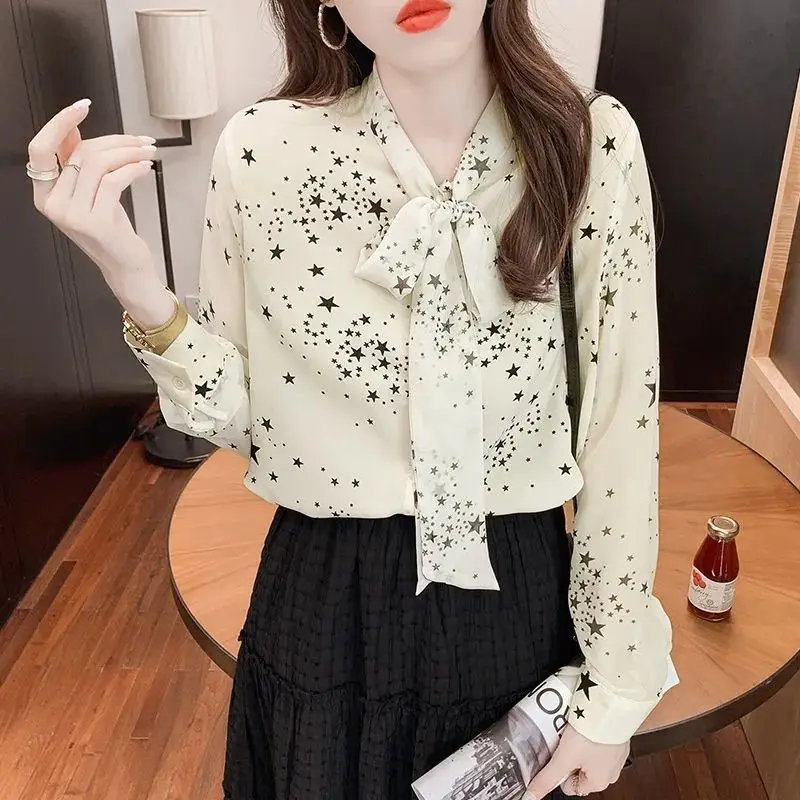 Elegant V-Neck Printed Drawstring Oversized Bow Chiffon Blouse 2022 New Loose Chic Tops Casual Women's Clothing Commute Shirt