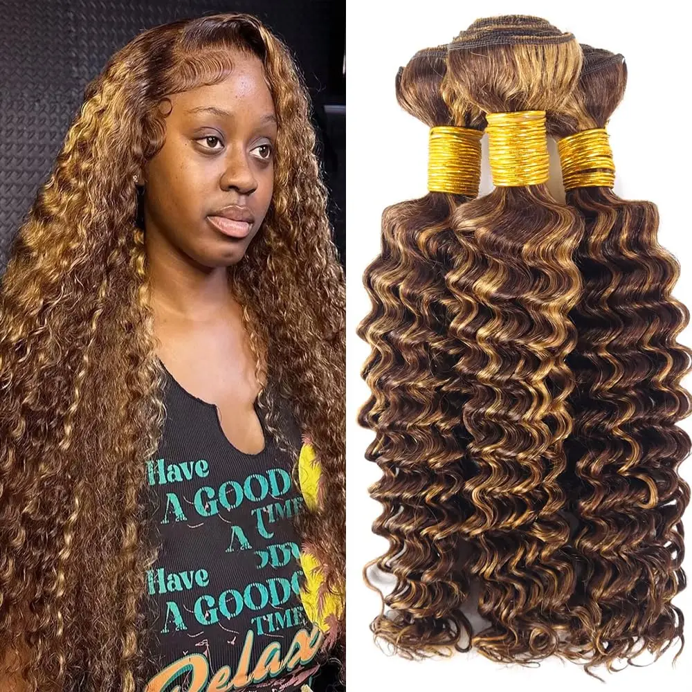 

P4/27 with Dark Brown & Honey Blonde Highlights Brazilian Hair Extension Honey Blonde Deep Wave Human Hair Bundles Brown Ombre