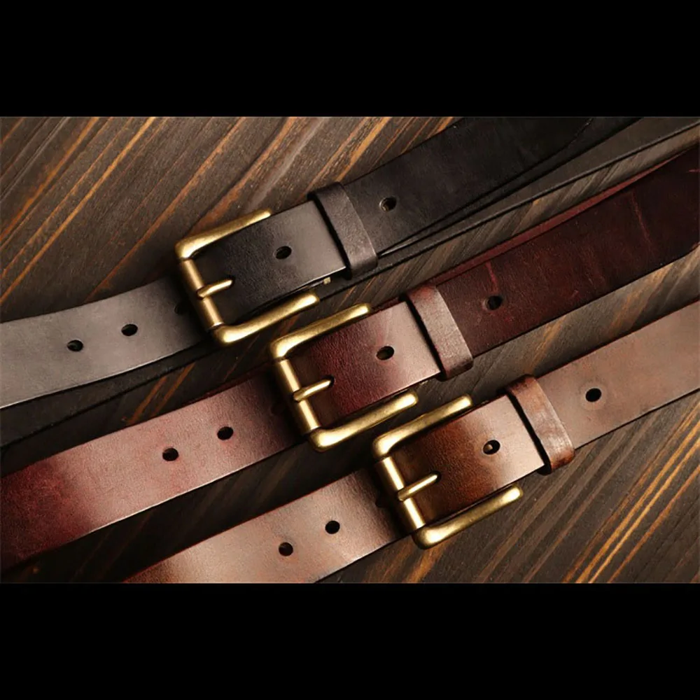 Handcrafted Washed Leather Stitching Belt with Brass Buckle Cowhide Sewing Thread Belt Fit Casual Jeans 3.5cm Width