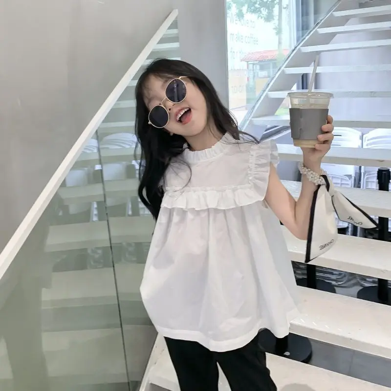 

2023 New Summer Girls Basic Shirts Cotton Kids Tops Ruffles T Shirt for 4-12 Years Sleeveless Baby Girls Blouse Clothes K24