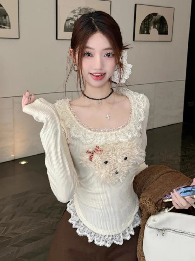 

ADAgirl Y2k Bear Graphic Long Sleeve T-shirts for Women Kawaii Ruffles Lace Long Sleeve Tee Tops Korean Style Cutecore Clothes