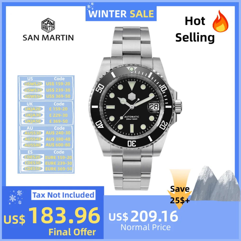 San Martin Diver Water Ghost Luxury Sapphire Men Automatic Mechanical Watches 20Bar Luminous Date Window Montre Homme SN0017G-3