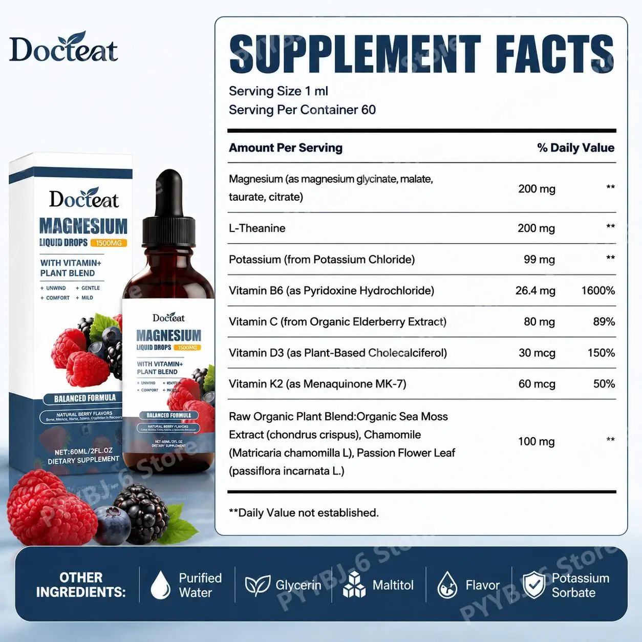 Docteat Magnesium Drops 60mL with L-Theanine & Potassium, Supports Relaxation, Muscle Comfort & Daily Mineral Balance for Adults
