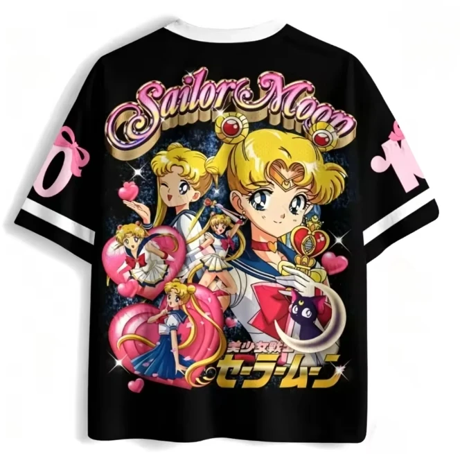 Beautiful Girl Warrior Moon Hare Black and Pink Mesh Shirt Full of Love and Starlight Effects Trendy Wearing Casual T-shirt