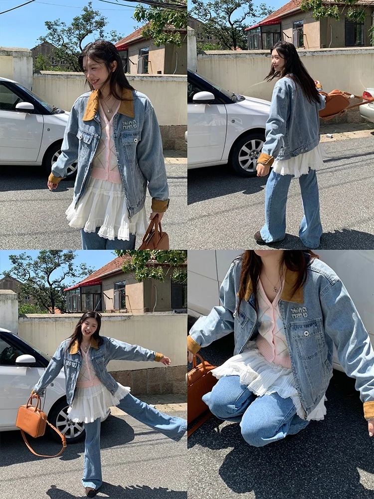 

NIDEBLACK Korean Style Girl Color Block Collar Workwear Denim Jacket Top Washed Letter Embroidery Jacket Sweet Loose Fit Cotton