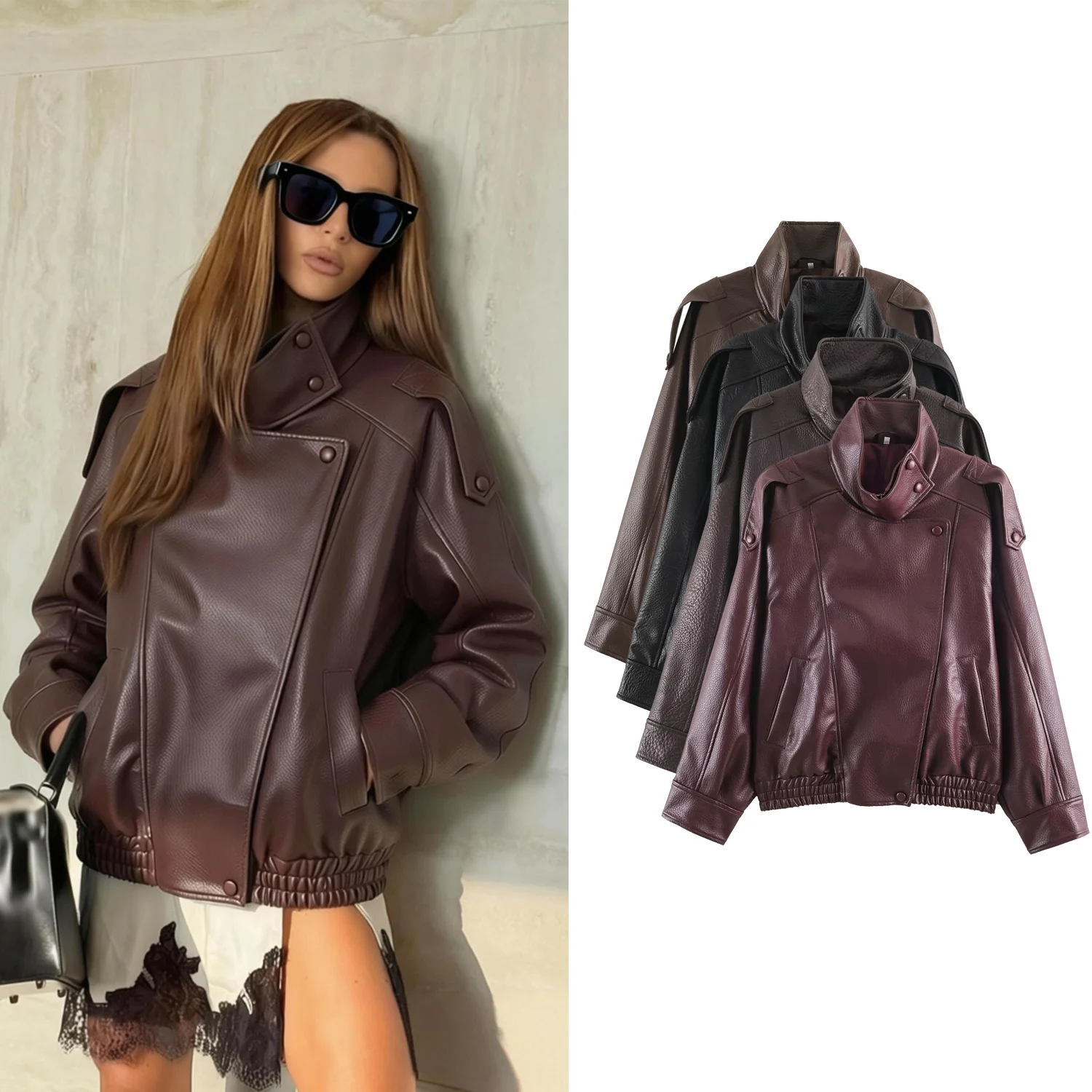 Women's Asymmetrical PU Leather Jackets Autumn Winter Female Chic Long Sleeved Lady Casual Polit Jacket Thicken Outwear