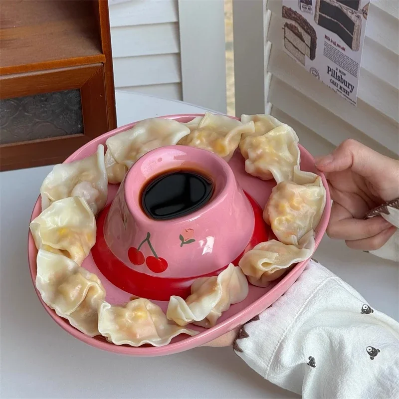 Cowboy Hat Ceramic Divided Dumpling Plate With Sauce Dish food tray Home Table Decor Party Centerpiece Gift For Couples And Kids