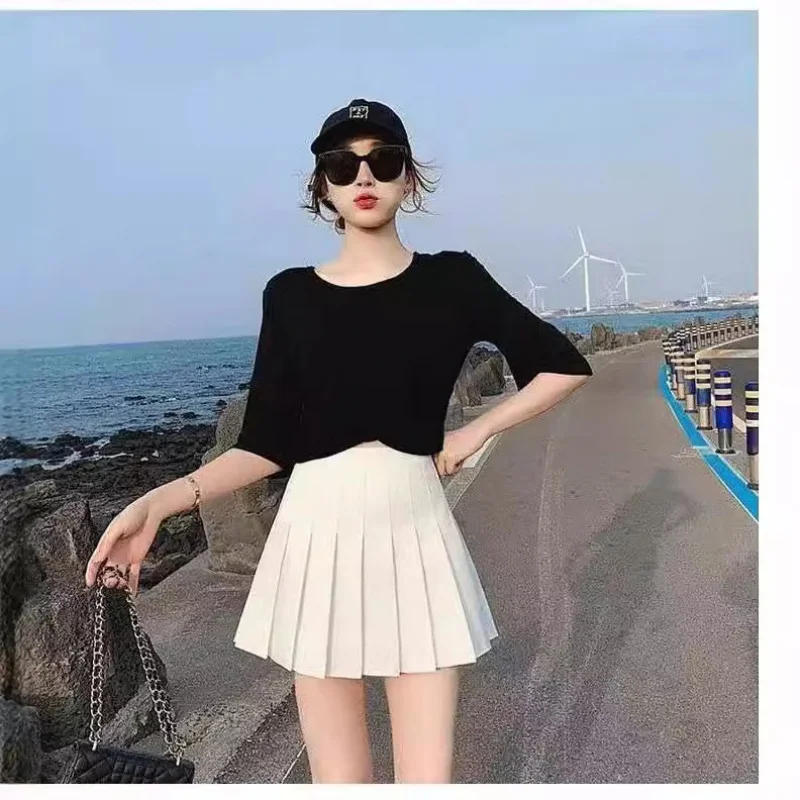 

Pleated Short Skirt High Waist Slimming Black Solid Color College Style Half Skirt High Waist Slimming WomenASweet Summer Charac