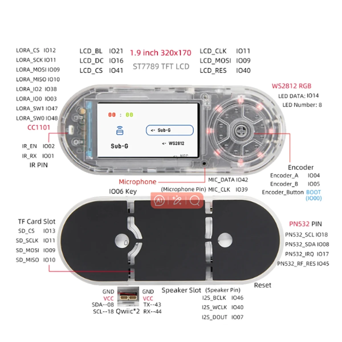 T-Embed ESP32-S3 CC1101 Маломощный радиочастотный приемопередатчик Sub-1 ГГц PN532 NFC RFID I2C Модуль ЖК-плата Встроенный аккумулятор 1300 мАч