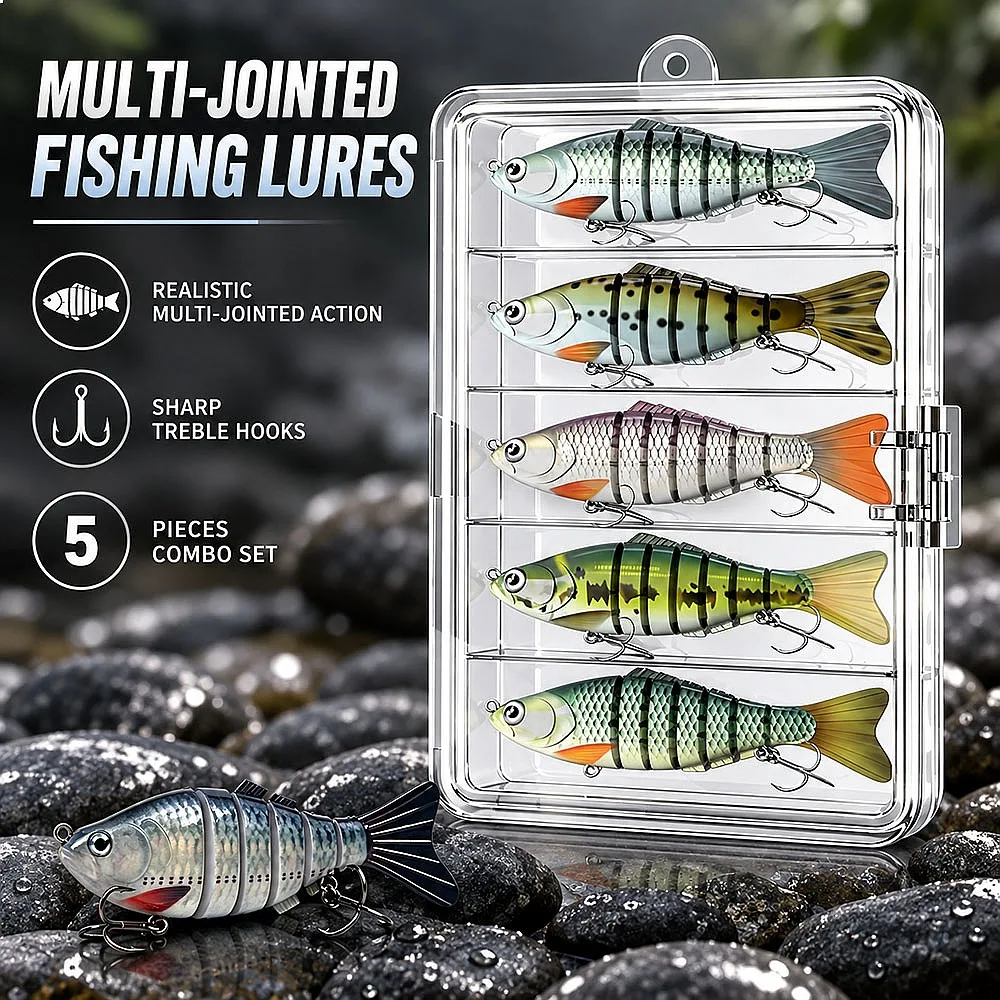 Rattle Swimbait 6-Segment Sinking Lure 3/5/10 Pack Wobbler 3D Eyes for Bass Salmon in Deep Lake