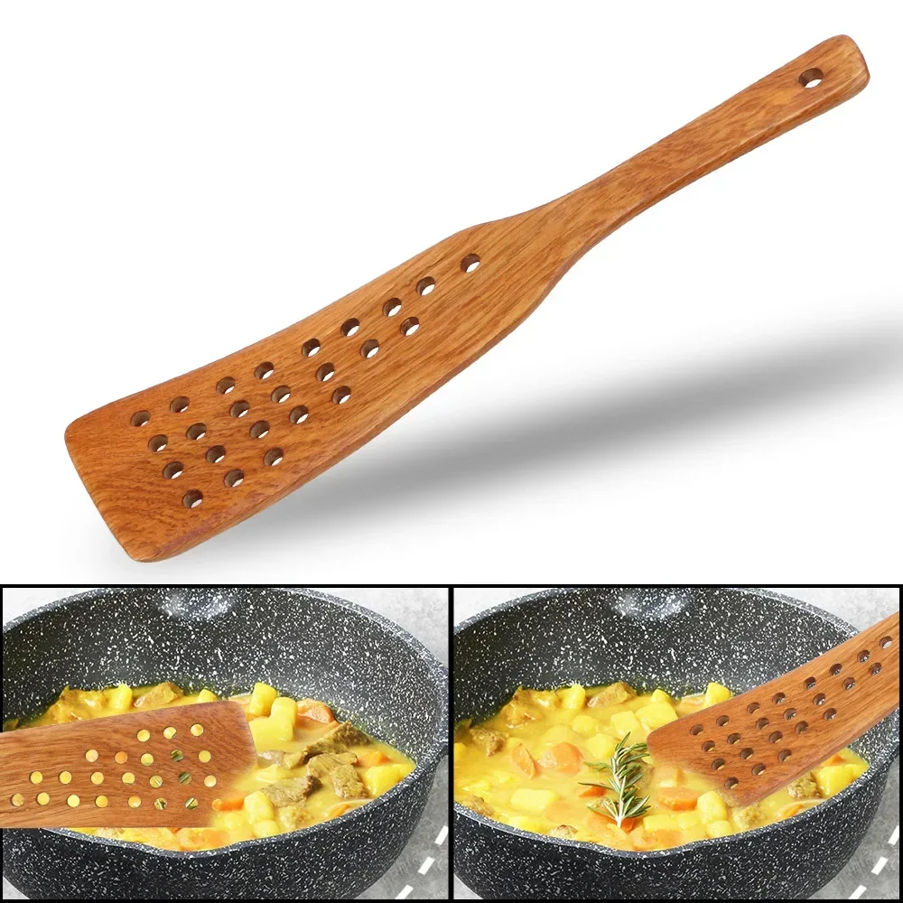 Non-Stick Frying Steak Shovel with 24 Holes Wooden Spatula Kitchen Cooking Tool for Pan Accessory