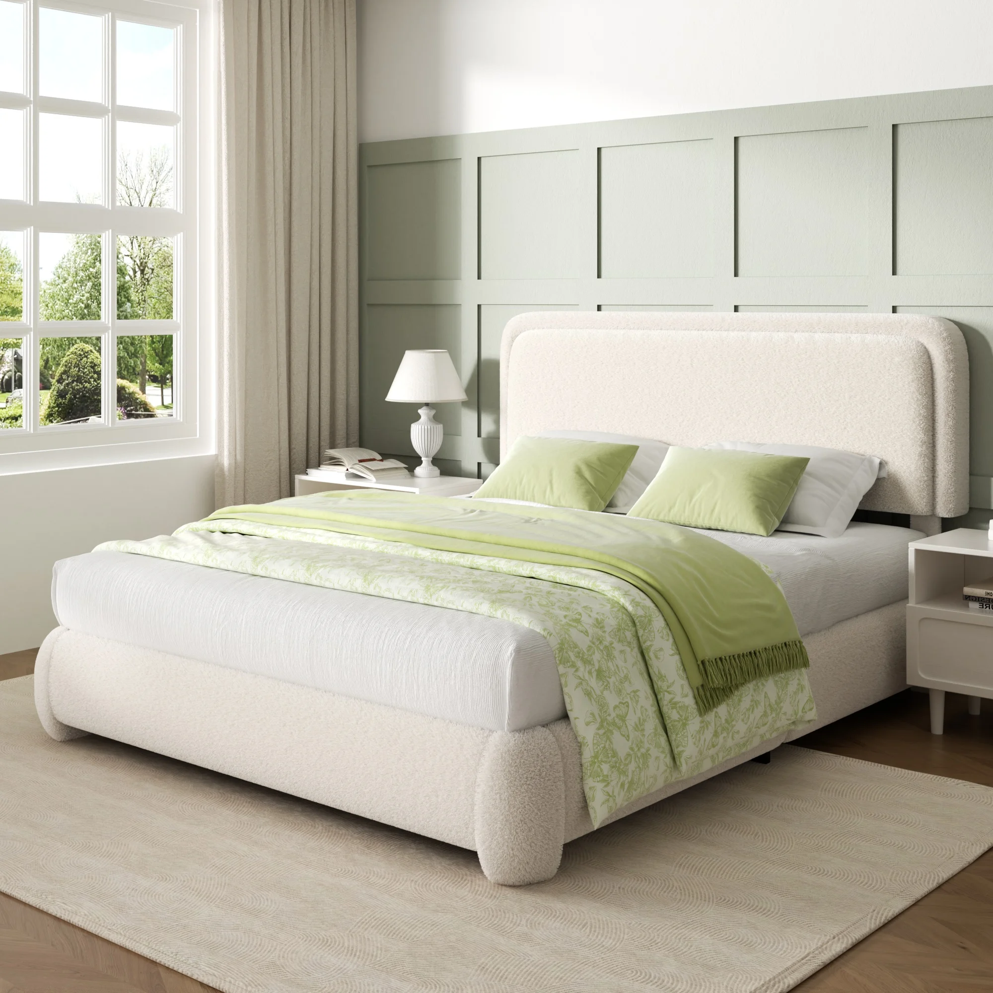 Queen Size Boucle Upholstered Platform Bed Frame Cloud Inspired Soft Bed with Height Adjustable Headboard, Gentle Rounded Corners Noise-Free Wooden Slat Support Easy to Assemble Bedroom Furniture Beige