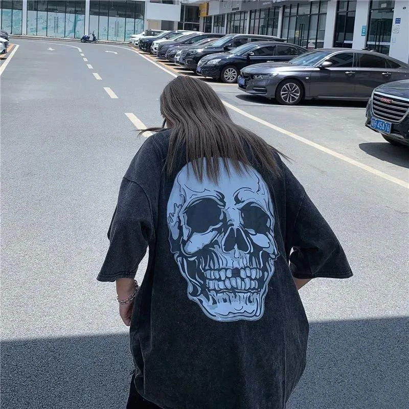 

Vintage Dark Skull Print Women O Neck Short Sleeve T Shirts Summer Korean Fashion Gothic Casual Loose Tops Tee Black Halloween