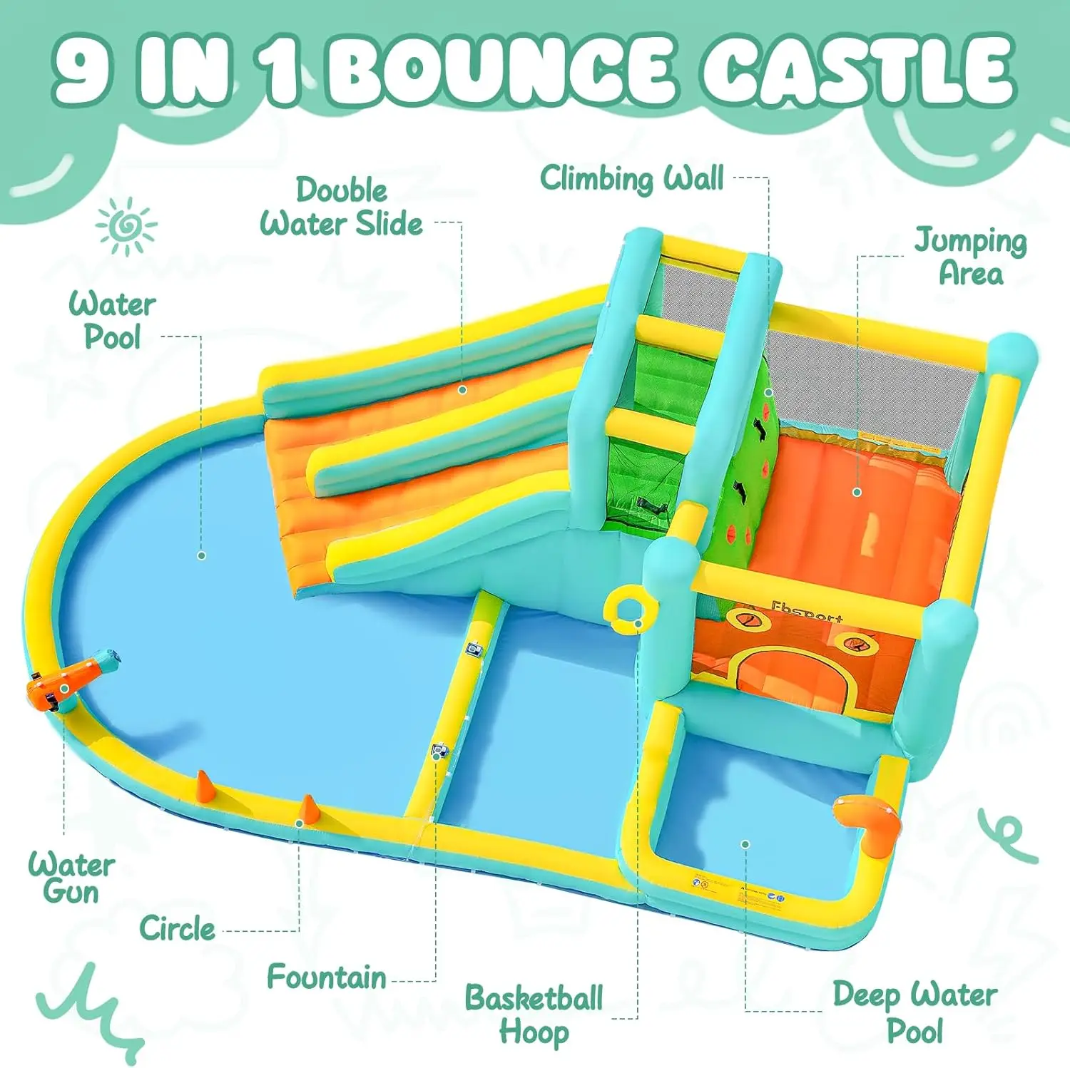 Double Slide Inflatable Water Park Bouncy Castle with Splash Pool, Water Guns, and Blower for Kids - Indoor & Outdoor Backyard Fun view 3
