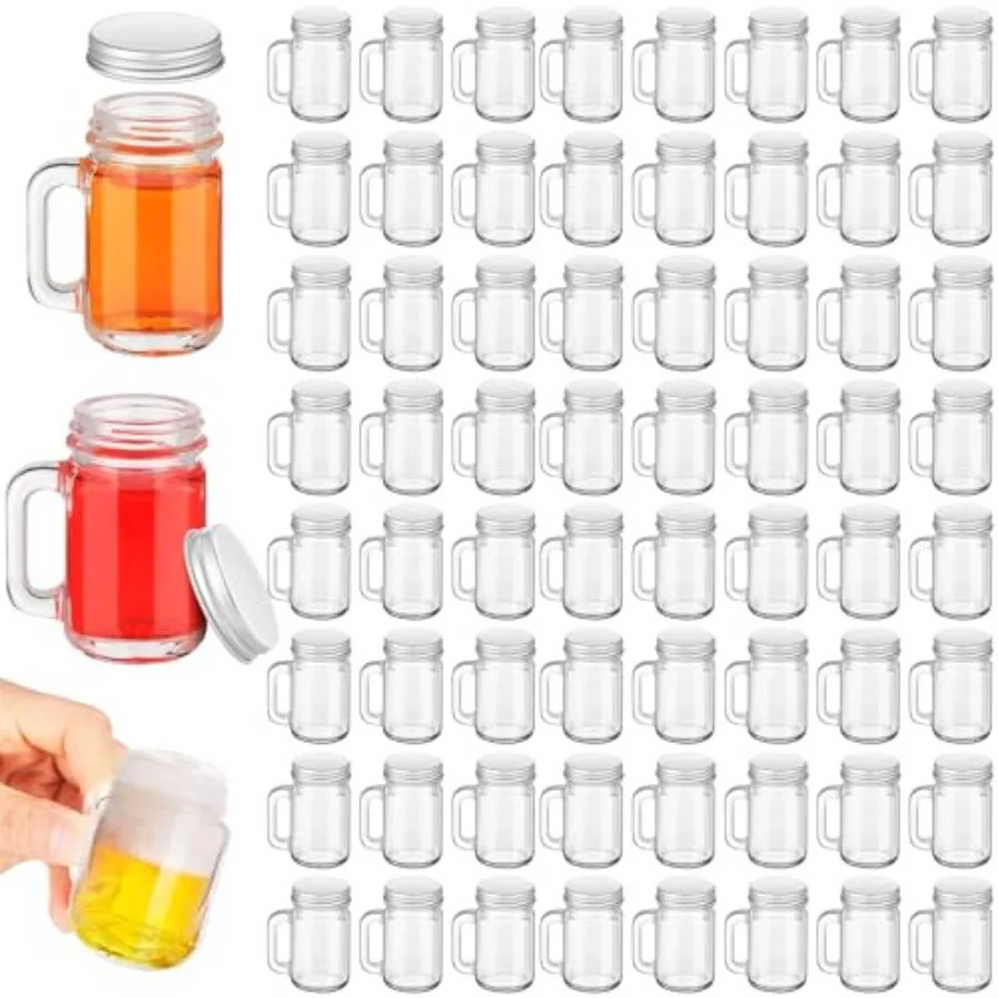 

100 Pieces 1 oz Mini Mason Jar Shot Glasses with Lids Bulk Mason Jar Drinking Glasses with Handles Reusable Mugs Transparent Cu