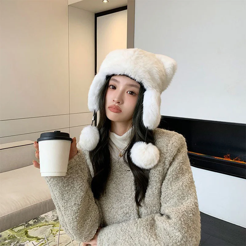 Winter Women's Little Bear Hat Thickened True Rabbit Hair Warm Lei Feng Hat Korean Version Cute Cat Ear Plush Hat