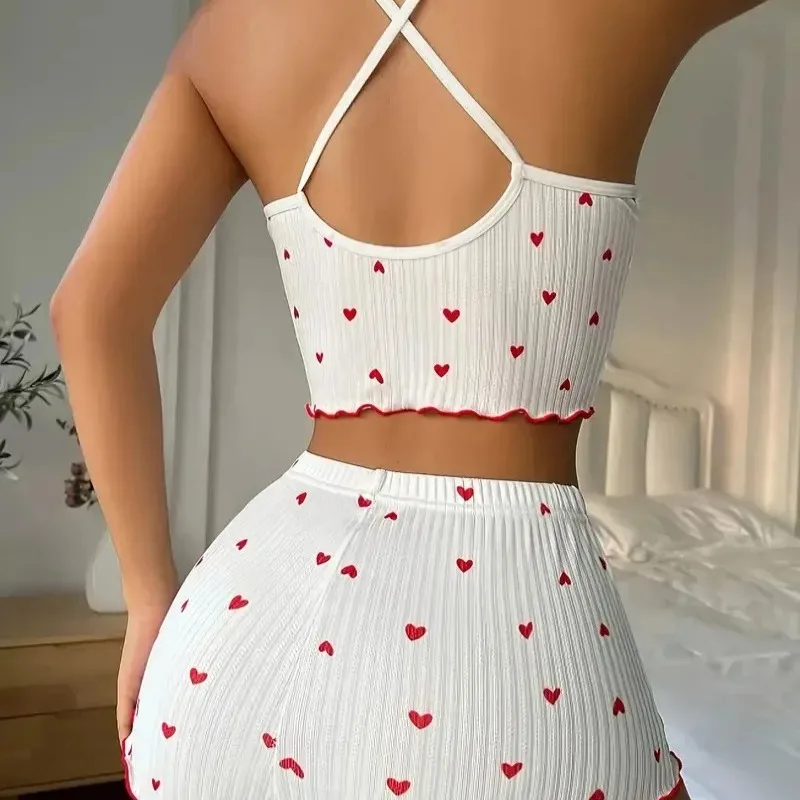 Sleepwear Women Pajamas Set Heart Print Soft Ribbed Fabric with Flirty Frill Trim Casual Cami Top and Shorts Sets Loungewear