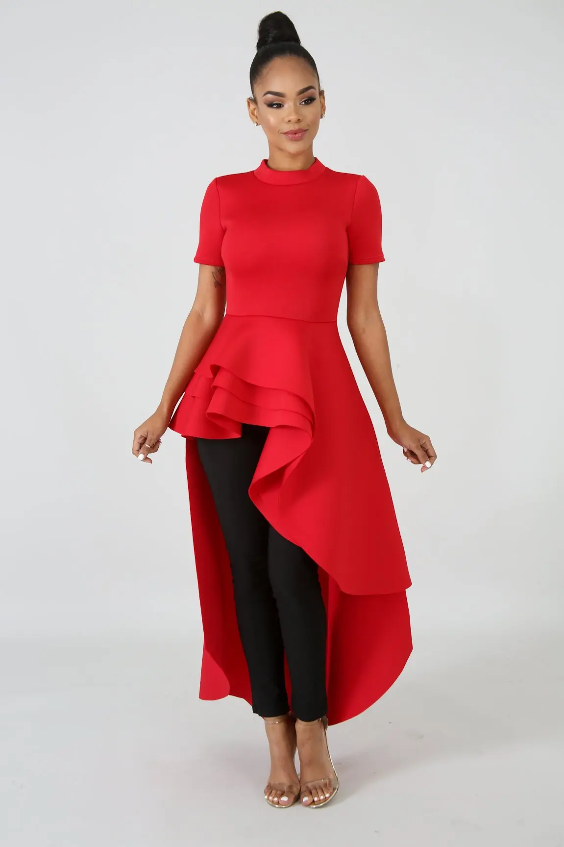Plus size Women\'s Evening Dress Irregular Ruffle Short Sleeves Skirt Solid Color Zipper Sexy Temperament Party Dresses