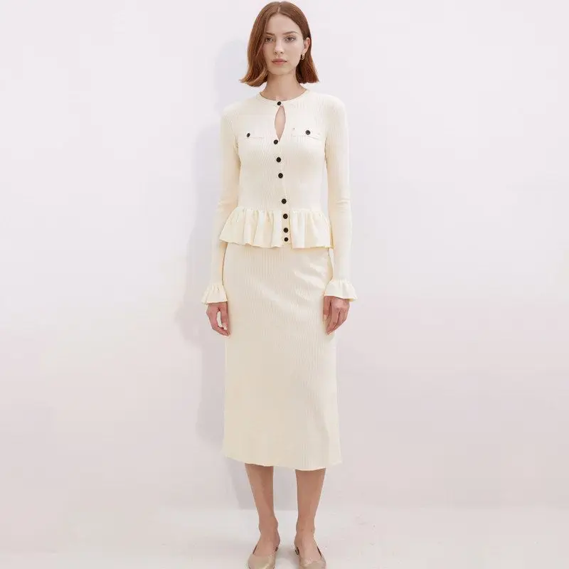 

Elegant round Neck Knitted Dress with Lace Sleeves Long Sleeve Midi Dress for Autumn Season Ladylike Style Citywalk Suitable