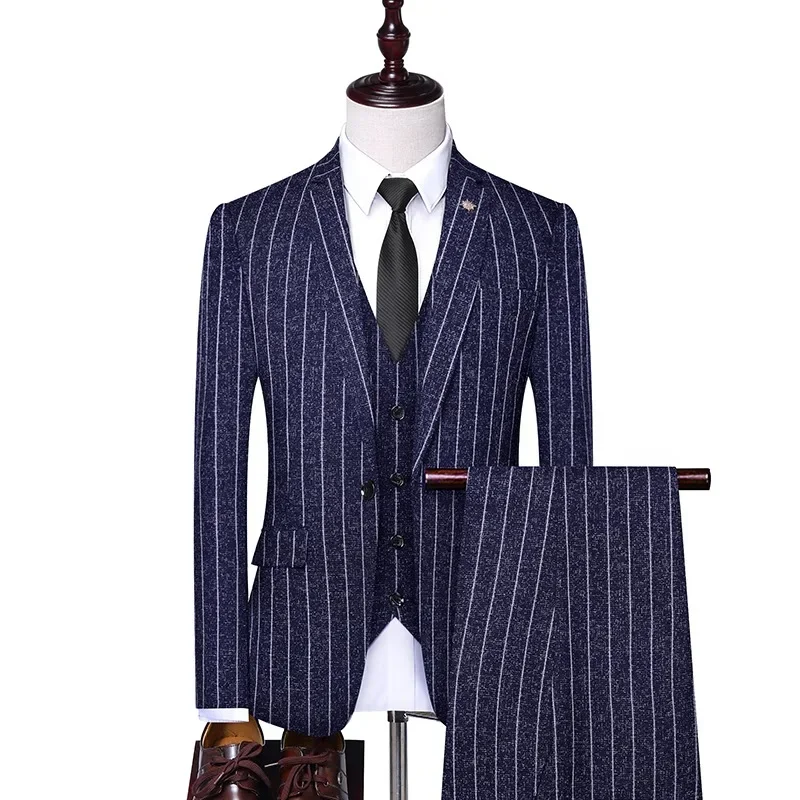 High Quality (suit + Vest + Trousers) Single Button Fashion Business Vertical Stripe Gentleman Suit Korean Suit Three-piece Suit