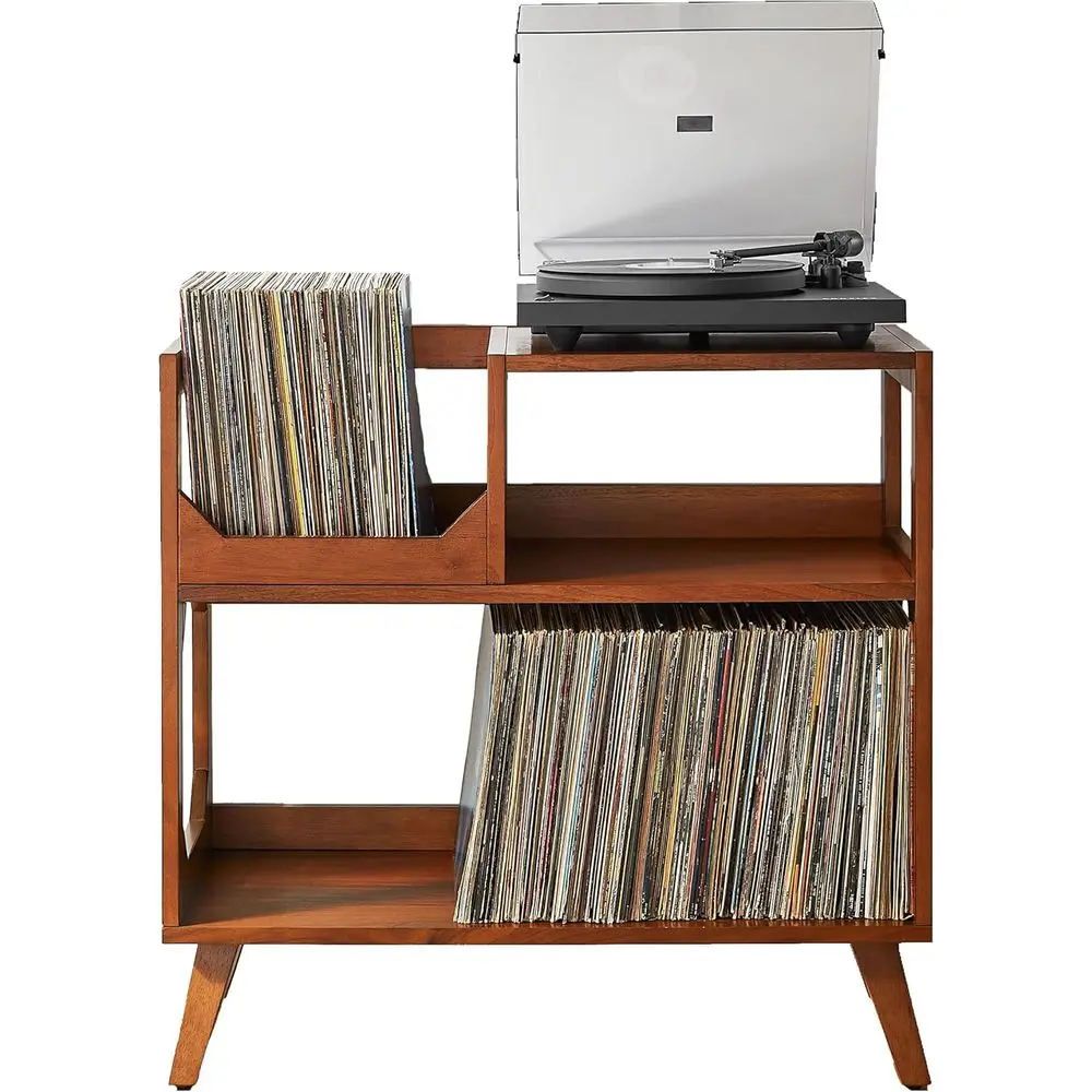 Mid-Century Media Record Player Stand with Storage for Vinyl Records, Medium, Walnut