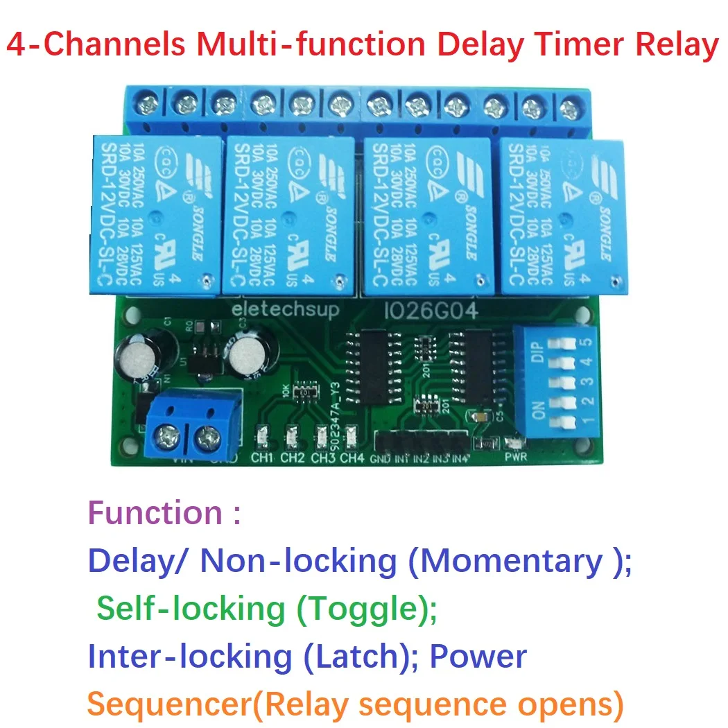 Multifunções Delay Relay Time Switch, Condicionador de Alimentação Sequenciador, Smart Home, Ligue e desligue Módulo PLC, 4ch, DC, 5V, 12V, 24V