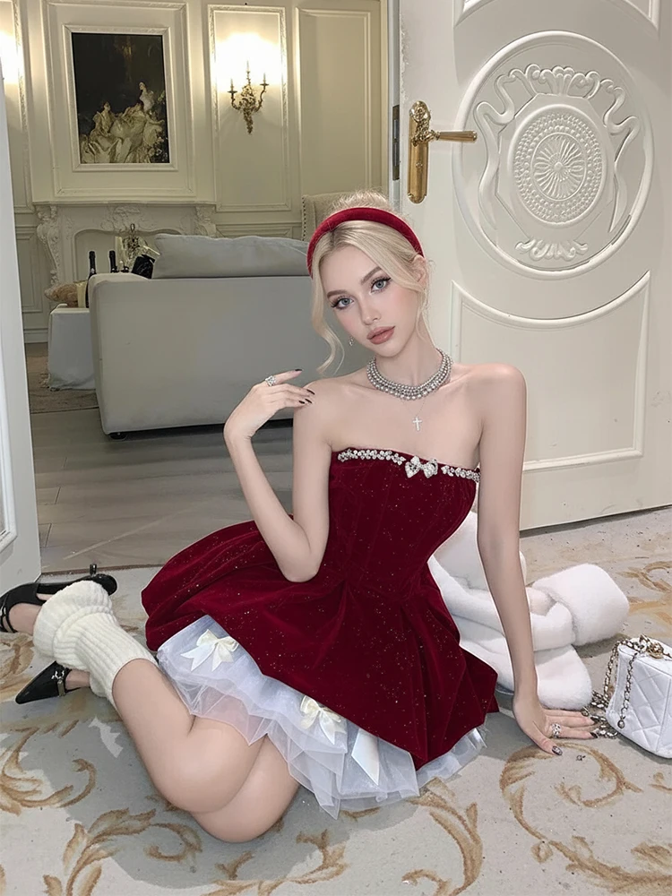 REDDACHiC Xmas Velvet Party Dress with Petticoat Glitter Bandeau Bow Pleated Puffy Mini Dress Cutecore Princess Birthday Clothes