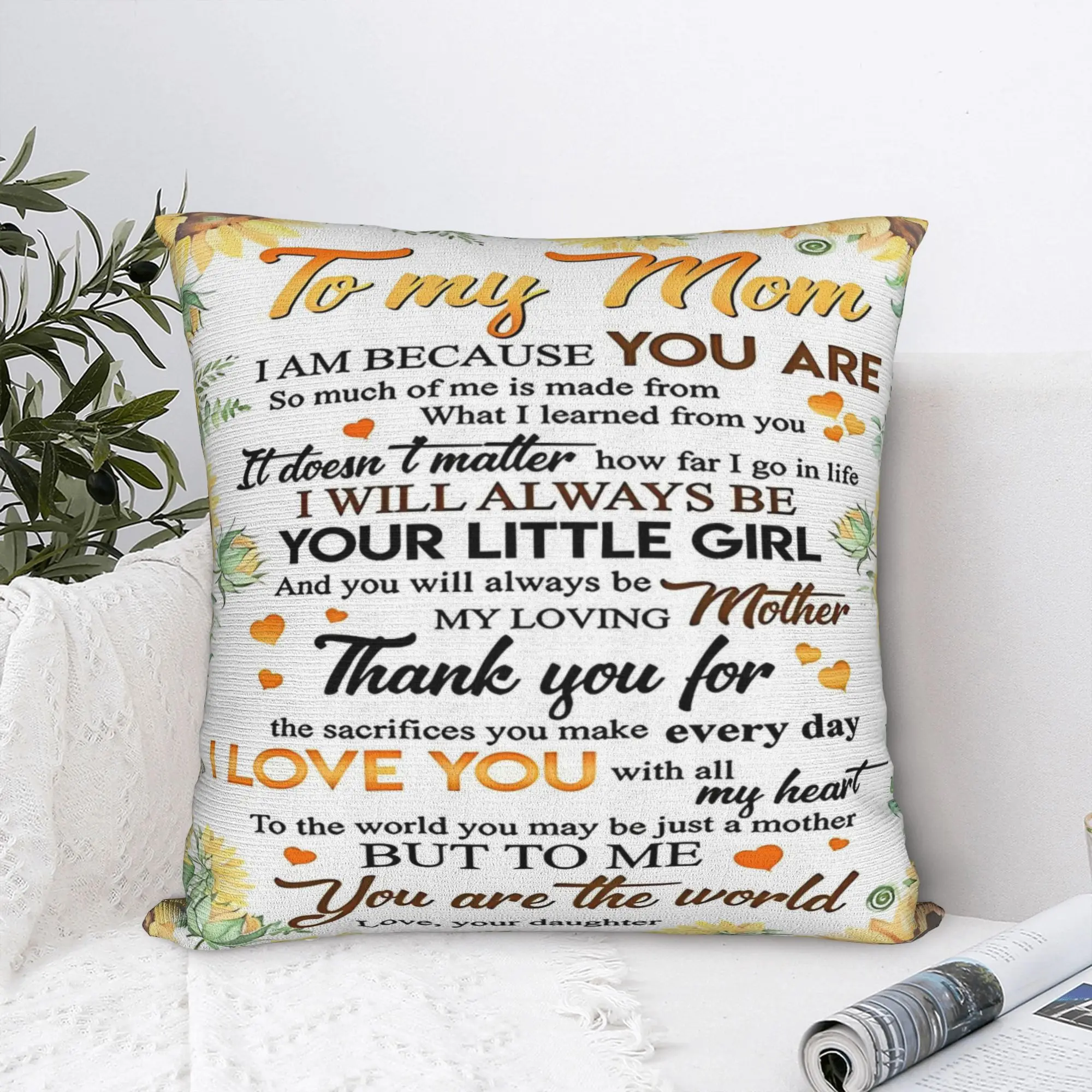 Mother's Day  Square Pillow Covers Polyester Room Letter From Daughter Sunflower Cushion Cover Cool Decor Pillowcase 40*40