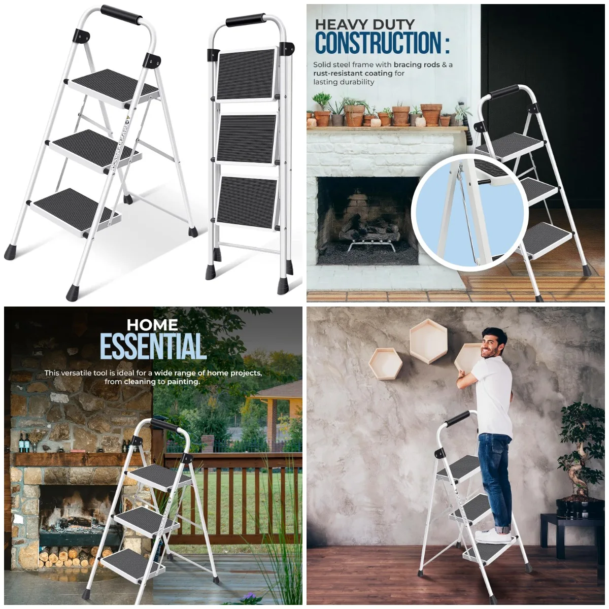 

3-Step Folding Step Stool, Ergonomic Anti-Slip Pedal, White, for Home, Kitchen, Office