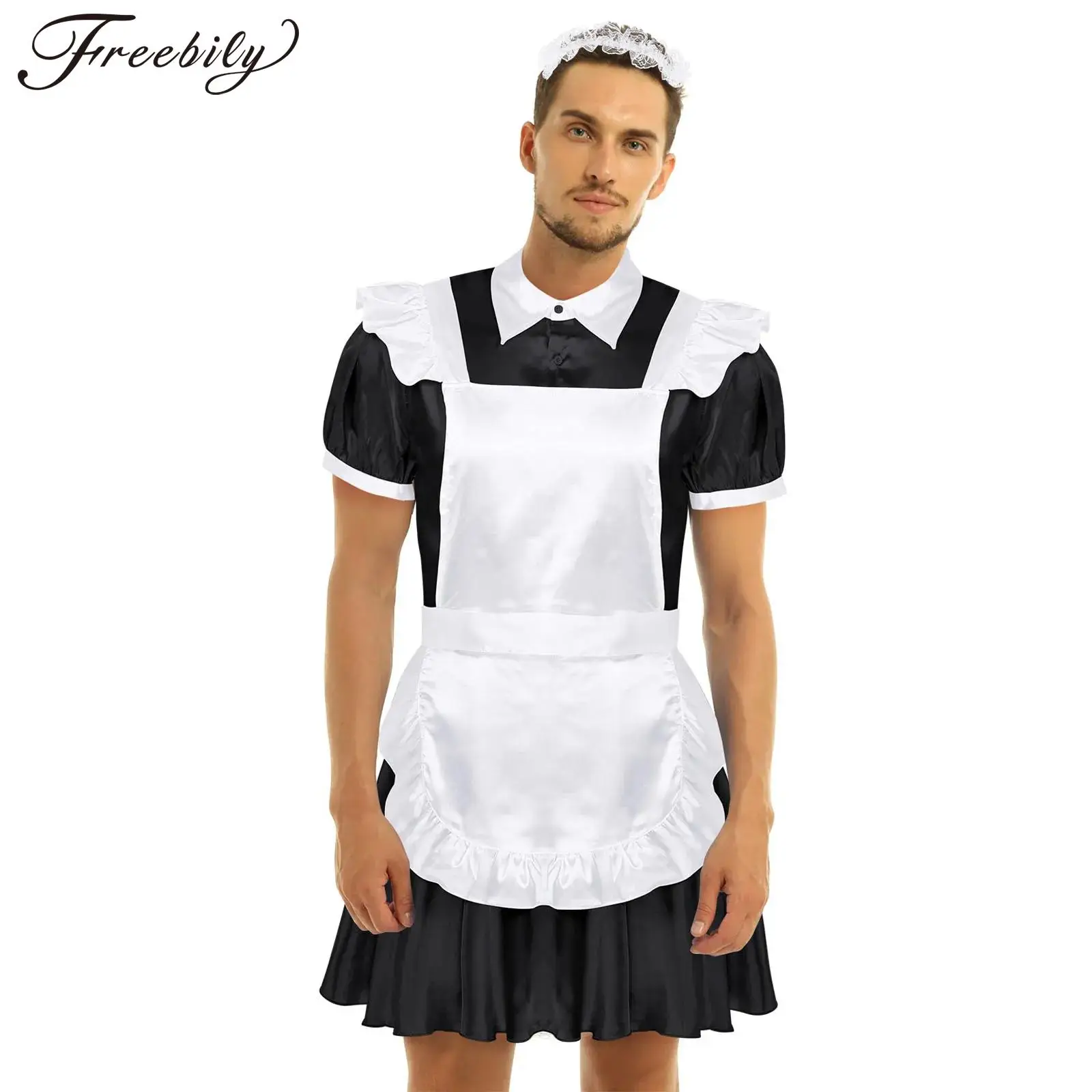 Heren Sissy Meid Cosplay Kostuum Puff Mouw Met Stroken Satijn Franse Schort Dienstmeisje Knecht Jurk Set Themafeest Man Roleplay Jurken