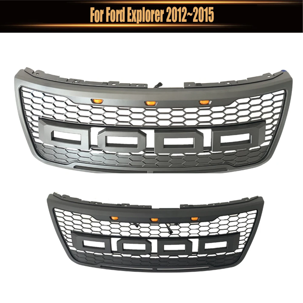 For Ford Explorer 2012~2015 With LED Lights+Letters Off Road Car Parts ABS Grey Black Front Upper Bumper Grille Grill