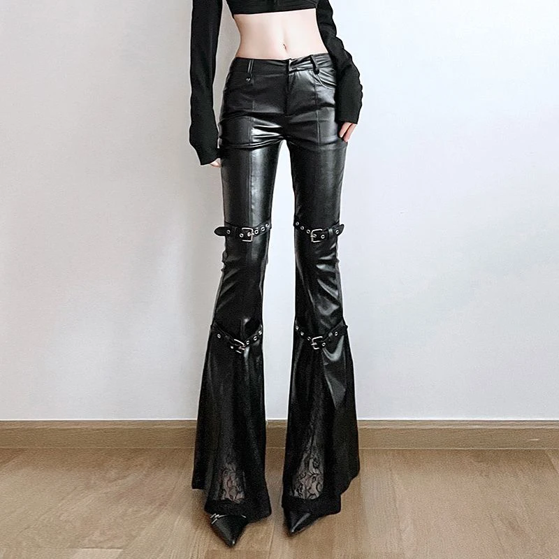 Design Sense Lace Patchwork Pu Leather Flare Pants Women Fashion Sexy High Waist Slim Pants Lady Streetwear Chic Casual Trousers