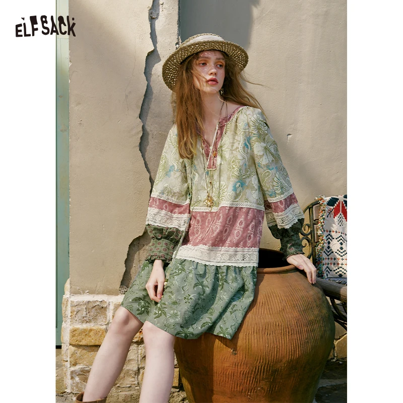 

ELFSACK Women's Boho Patchwork Long Sleeve Mini Dress with Paisley Floral Print, Lace Trim V Neck Drawstring Flare Sleeve